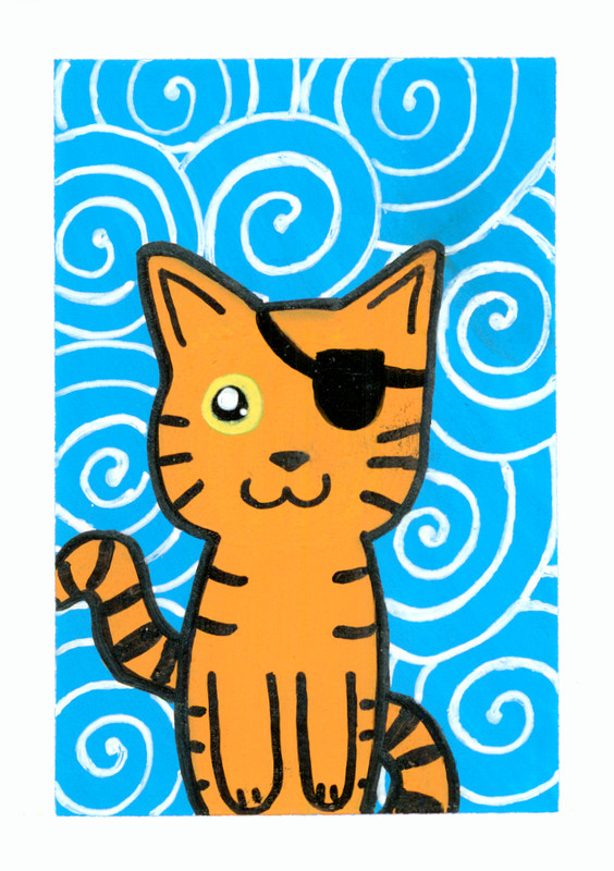 ACEO Original Cat Pirate Kitten Ocean Miniature Painting Animal OneCraftyLady