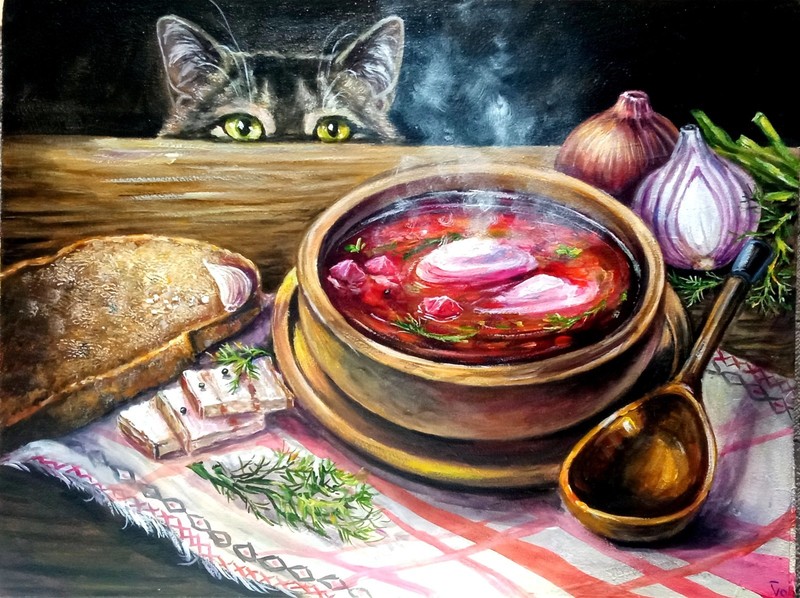 Original Ukrainian Painting, Cat and Borsch, Kitchen Wall Art, Food Still Life