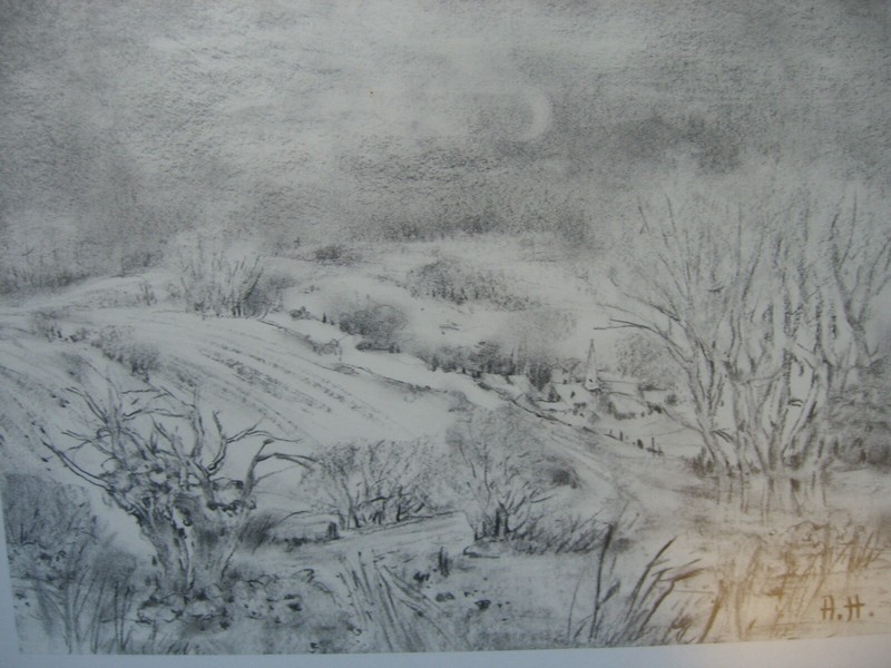 Lithographie Monogr. Landscape Dark Gloomy Bare Hills Trees Shrubs Antique gallery