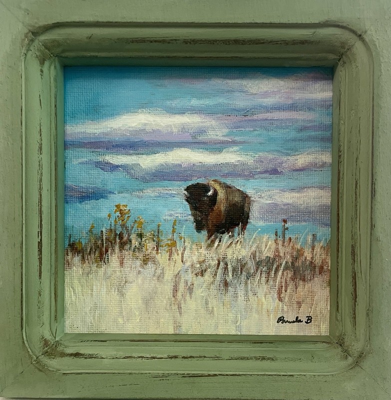 Buffalo Prairie Landscape Original Painting Framed Mini Western Art gallery