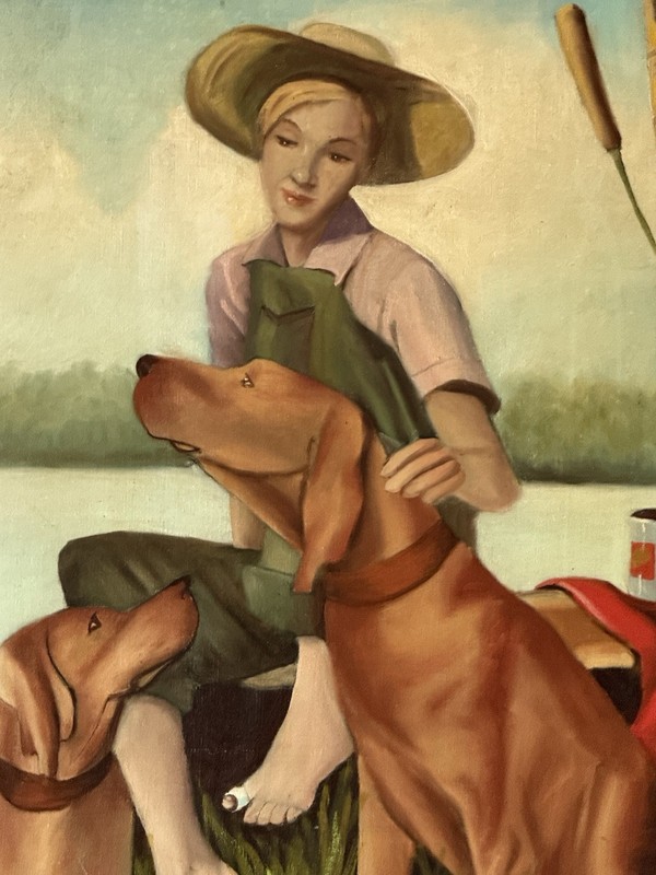 EDET BEIZBERG ANTIQUE IMPRESSIONIST OIL PAINTING VINTAGE WOMAN & DOG LANDSCAPE gallery