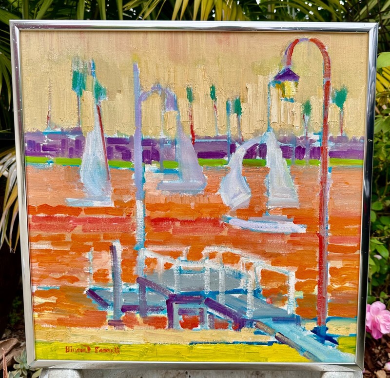 Listed Artist Vincent Farrell Impressionist Oil Painting Sailboats Dock Harbor