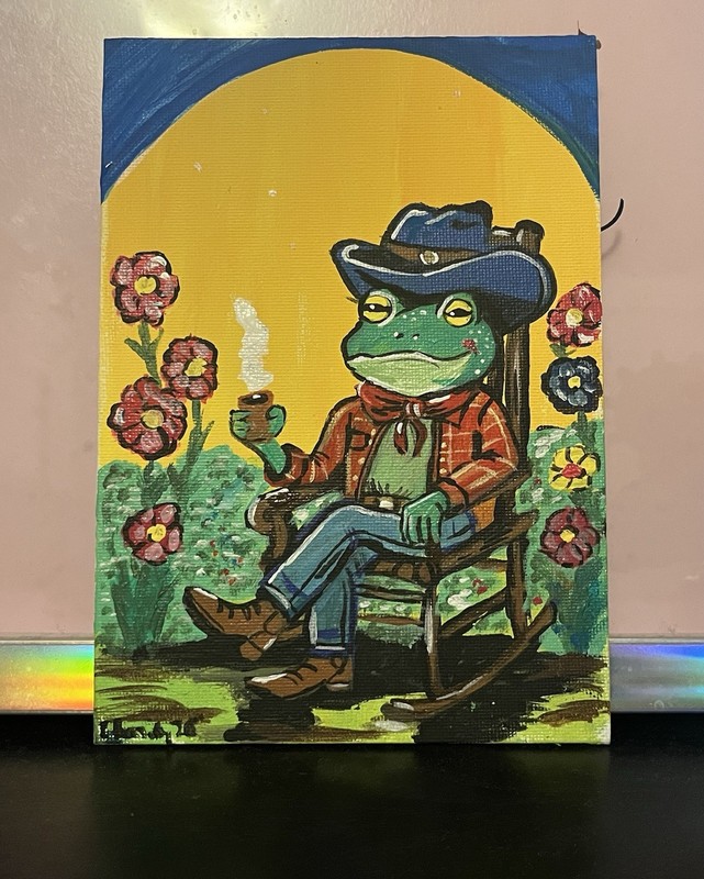 5×7 Canvas Panel Acrylic Painting of “sitting With Frog” Original Artist- OOAK