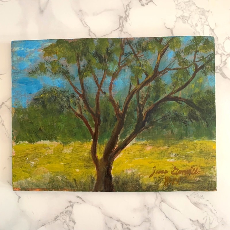 Vintage Oak Tree Landscape Painting Signed James Wood 6 x 8.875 OOAK Blue Green