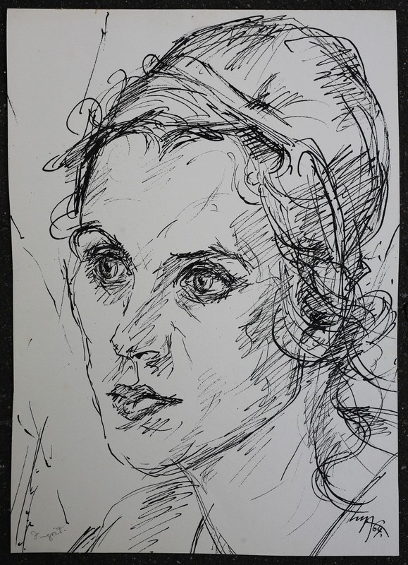 Drawing Signed 1964 Pen Drawing Original Portrait Lady Portrait Woman