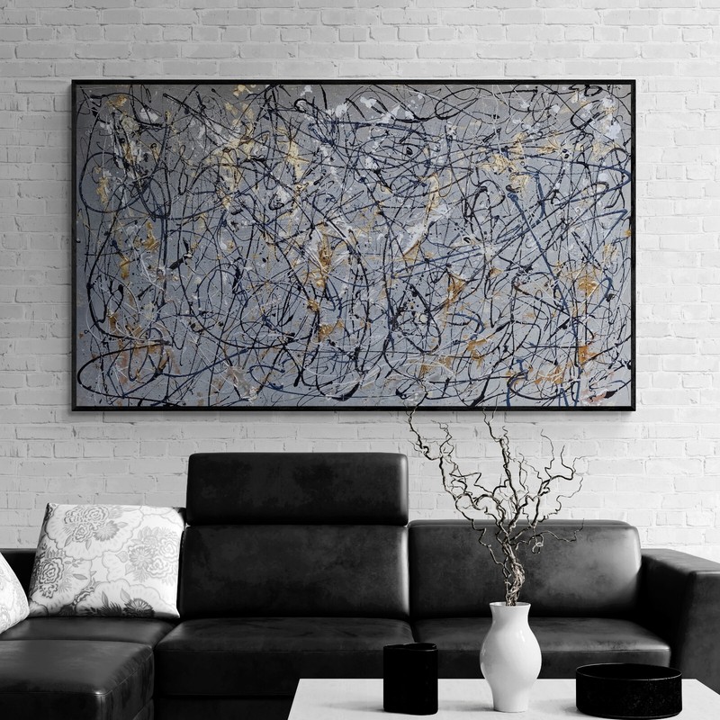 XXL Jackson Pollock Style Gold & Silver Abstract Art Textured Painting 78x39 in gallery