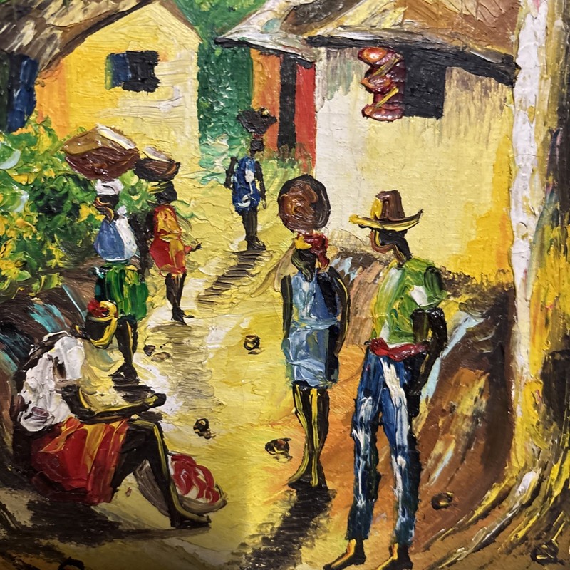 Vintage Haitian Village Oil on Canvas Framed 16 1/2" X 11 1/2" Veronique? gallery