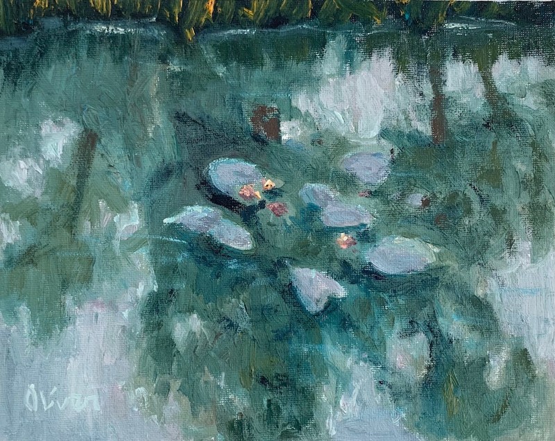 Reflections on the Pond, B. Oliver Original Oil Painting Art, 8×10
