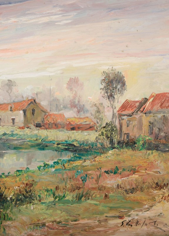Beautiful Original Impressionist Oil Painting, Home on Lake, Illegibly Signed! gallery