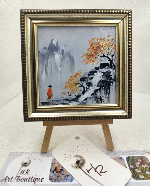 Original Oil Painting 4x4 in Framed Signed Abstract Japanese Landscape Impasto gallery