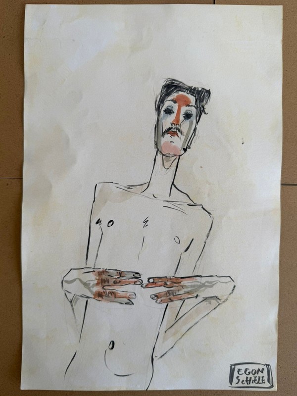 EGON SCHIELE drawing and painting on old paper signed stamped vintage