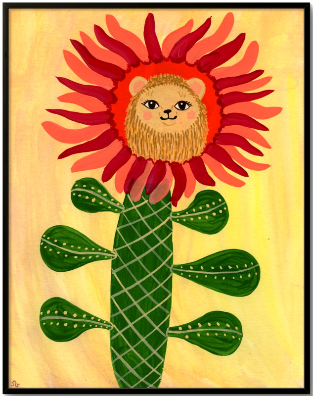 Lion Flower Creature Painting, Fantasy Animal Art 8×10