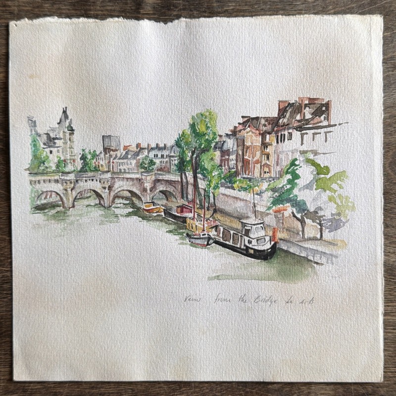 ORIGINAL PAINTING WATERCOLOR PARIS "View from the Pont de Arts" 7”x7” gallery
