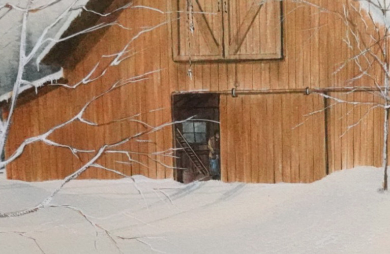 DAVID RIEMAN ORIGINAL WATERCOLOR ON BOARD WINTER CABIN LANDSCAPE PAINTING 1977 gallery