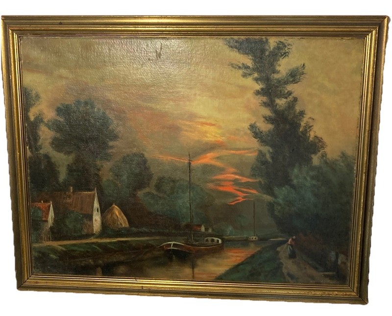 Oil on Canvas Board-1900’s-Moody Rustic Sunset River-Sister of St Francis-26×20”