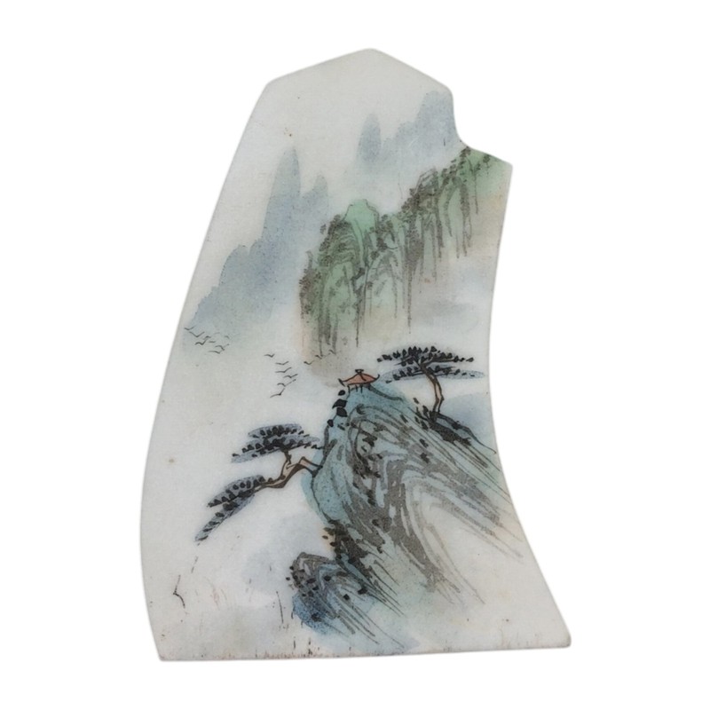 Hand Painted Stone Paperweight Japanese Landscape Pagoda Mountains 4.5″ x 3″
