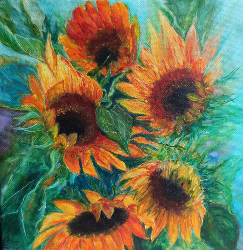 Original oil painting, Still life, sunflowersyellow 8х8 in
