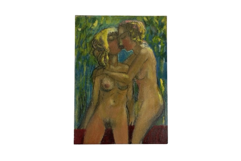 Original Oil Painting Two Nude Women Embracing by Uldis Krauze (1958–) Latvia