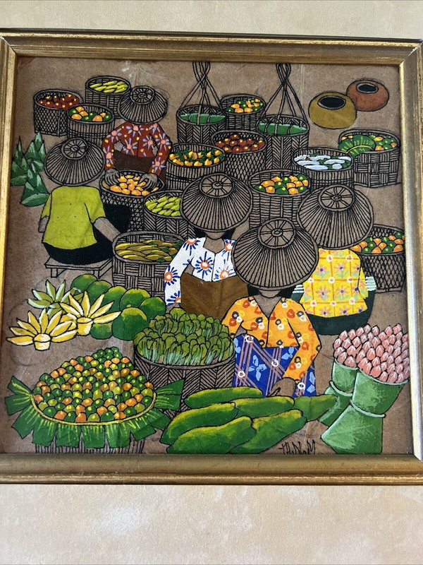 Asian Thai Expressionist Leaf painting-Artist Thanom-Vintage-Mid Century Modern gallery