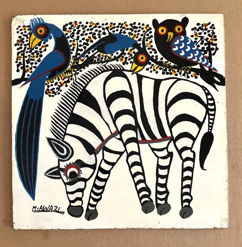 Tingatinga Painting of Zebra, Owl, Peacocks by Bushiri Mruta Awazi, Tanzania