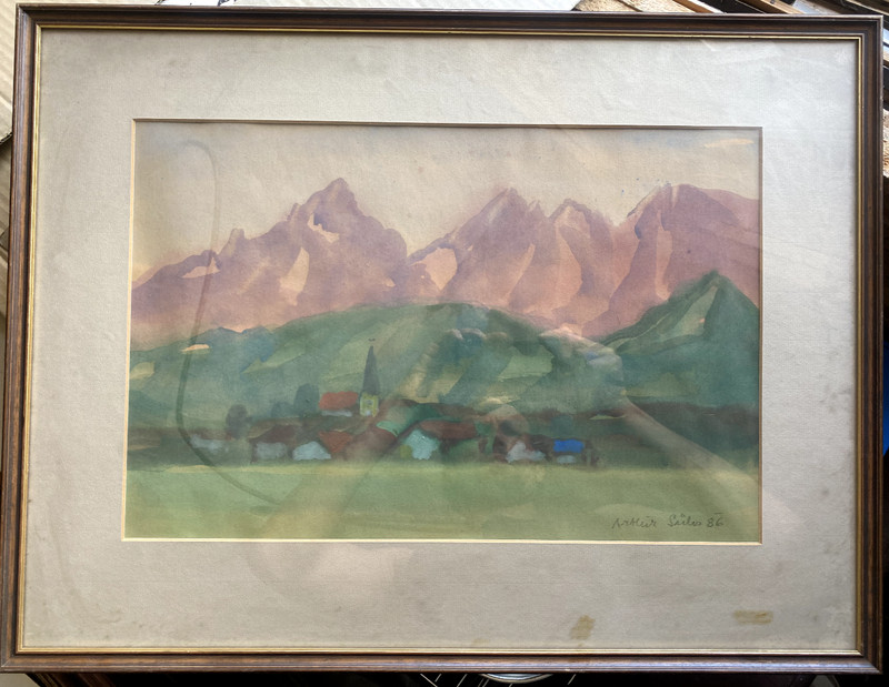 ::WATERCOLOUR ARTHUR SÜLES 1986 ALPINE CHURCH VILLAGE EXPRESSIONIST ART MOUNTAINS MEADOW