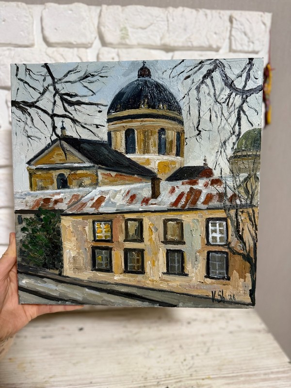 Church Landscape Original Oil Painting Cityscape Impressionism Impasto 12x12 in gallery