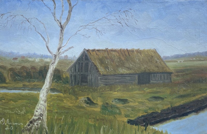 Impressionist Landscape with Wooden House Barn Coastal Tree Sky Oil Painting 1920 gallery