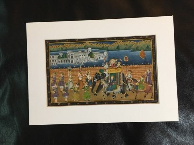 Antique Ornate Painting on Silk of Indian Royalty Procession with Elephant