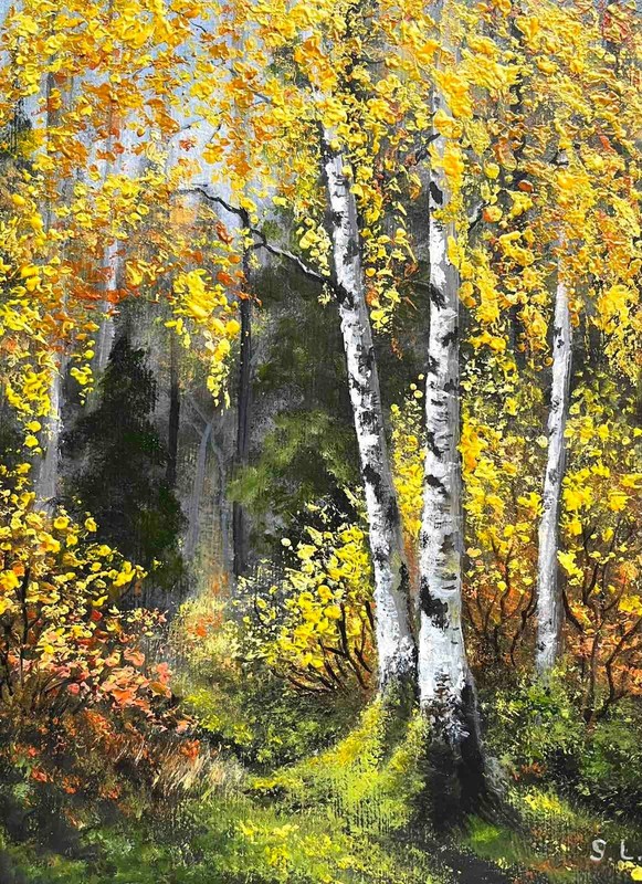 Autumn Original Oil Painting Landscape Forest Birch Grove Wall ART 7 x 9 in