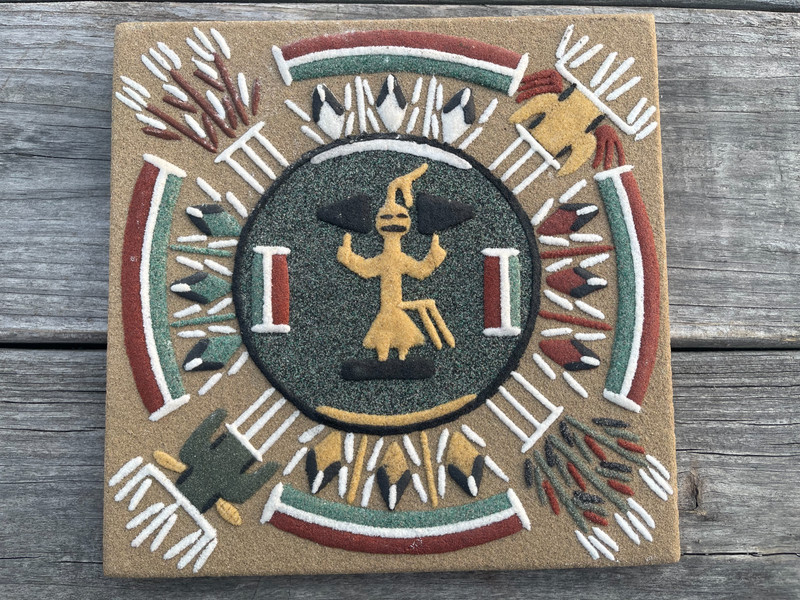 Native American Navajo Sand Painting «Pollen Boy on the Sun» 8″x8″