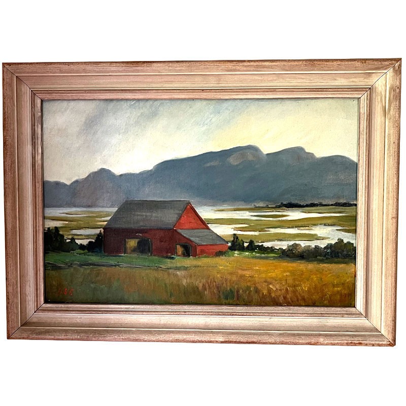 Isabel S. Farley Massachusetts Maine Artist Oil on Board Painting Red Barn 1949