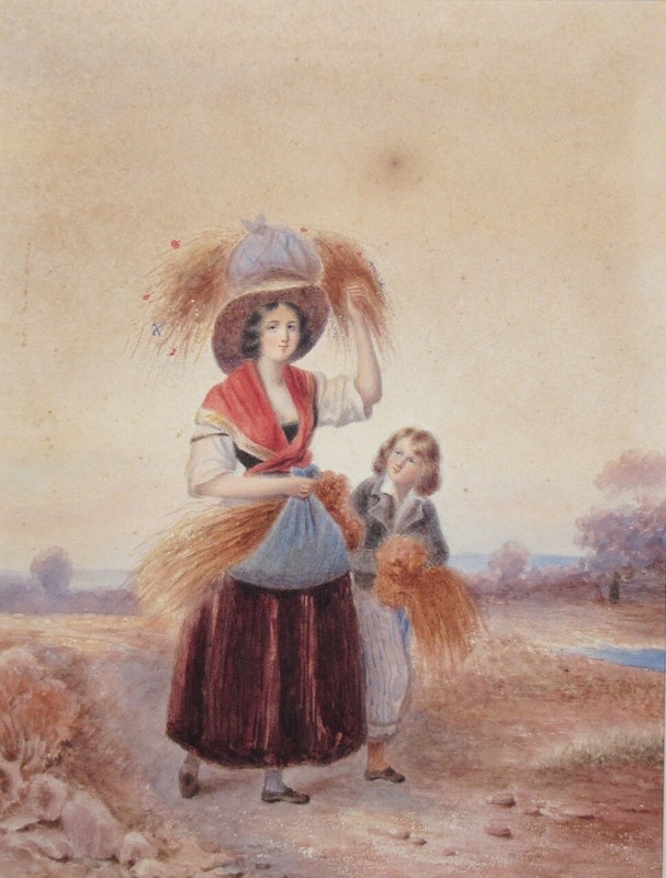 Antique French Watercolor Painting, Woman & Child, Landscape, Second Empire 1855