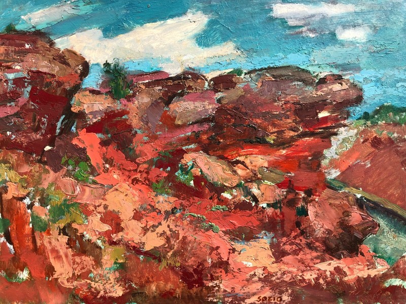 New Mexico, Red Rocks Landscape -18 x 24 Oil Painting - 1960s- Armando Sozio gallery