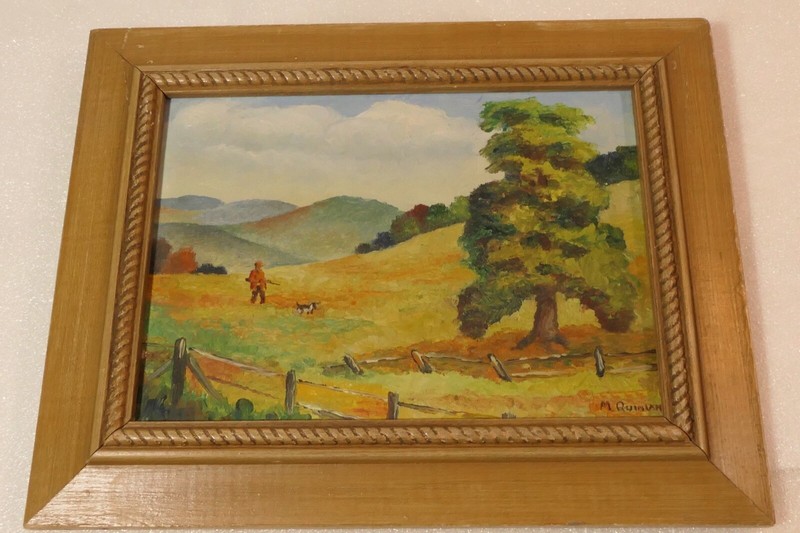 ORIGINAL OIL PAINTING HUNTER & DOG HUNTING ROLLING HILLS SIGNED M. QUINLAN