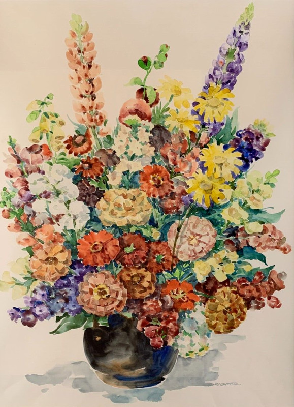 Old watercolor paintings sign. Judge Still Life Bouquet of Flowers Art Estate