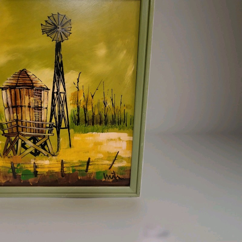 Mid Century Landscape Oil Painting Windmill Signed Vintage 1970s gallery