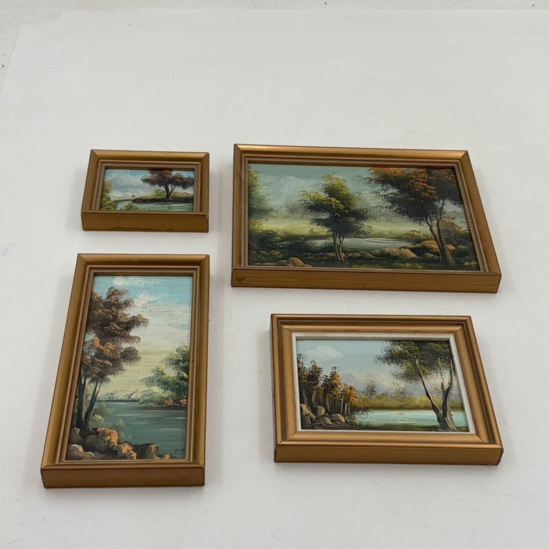 4- Vintage Matching Paintings Hand Painted In Spain MCM Mid Century Decoration
