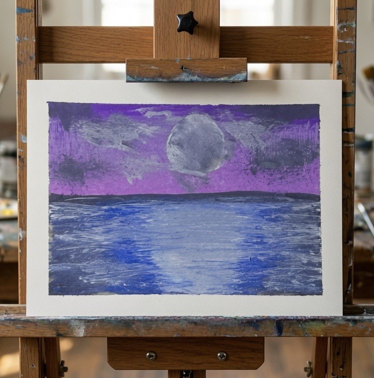 ACEO Art Card Moon Over Water Original Acrylic Painting