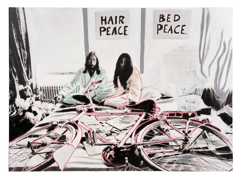 Large STEVE KAUFMAN «BED PEACE» John Lennon & Yoko Ono Painting