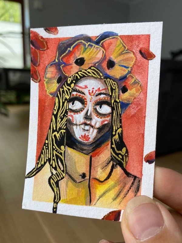 ACEO Original Painting Calavera Catrina 2.5x3.5 Card gallery