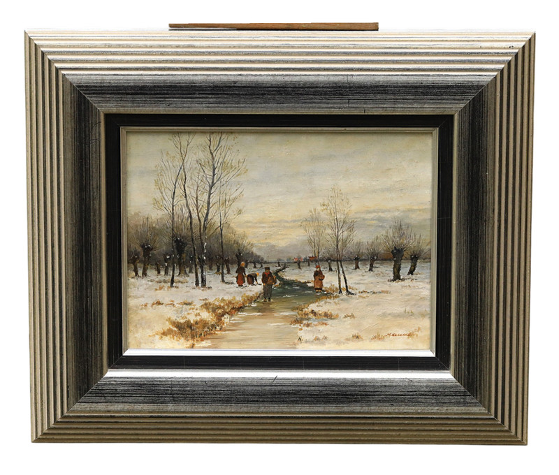 Signed Oil Painting Framed Landscape Scene Figures on Wood (OOAK)