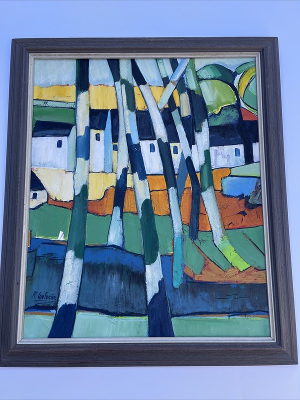 MID CENTURY PAINTING ABSTRACT RENE COUTURIER LANDSCAPE CUBISM MODERNISM FRENCH