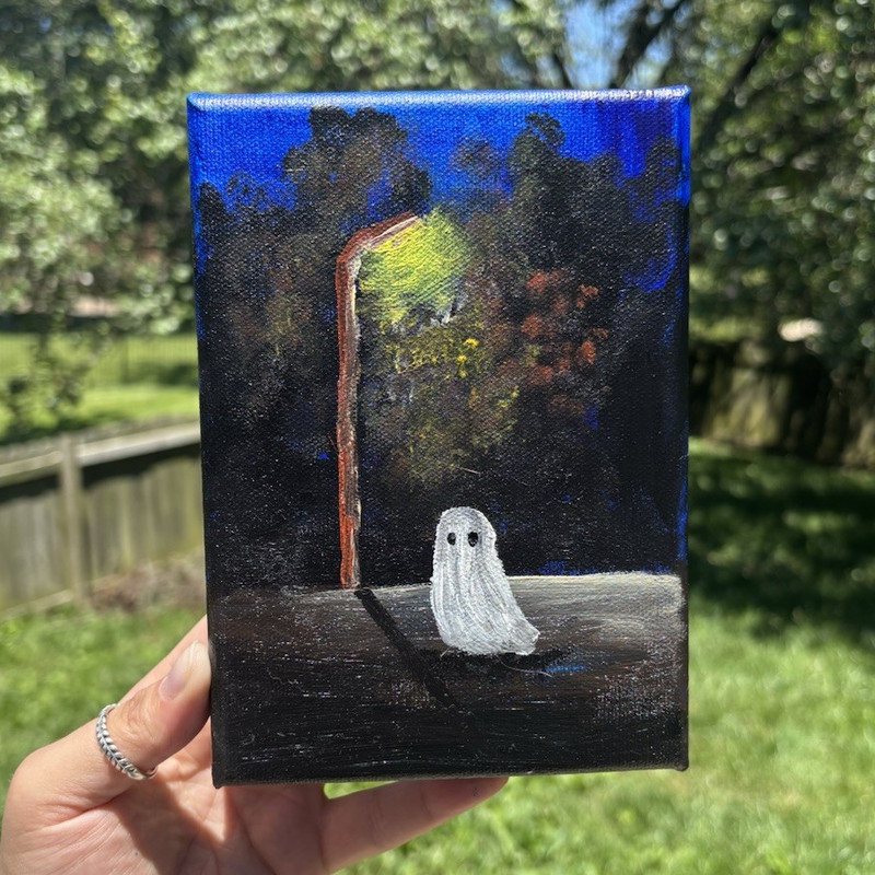 Original Painting – Ghost Under Street Lamp at Night 5×7