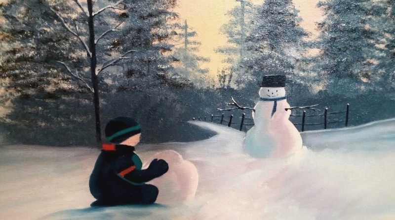CHILD & SNOWMAN * RoSY DuSK TaLL EVeRGReeNS * 16 X 20 original painting TED ROSE