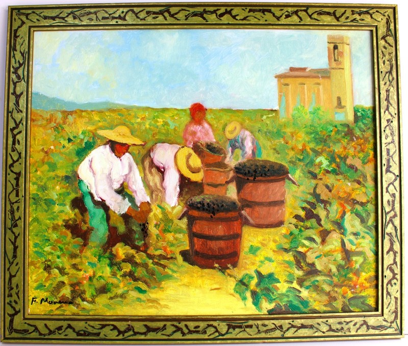 OIL PAINTING ON BOARD SIGNED F MORENO MODERN IMPRESSIONISM FIGURATIVO HARVEST gallery