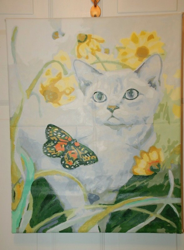 Cat in Garden with Butterfly Completed Paint by Number 16X20 Canvas