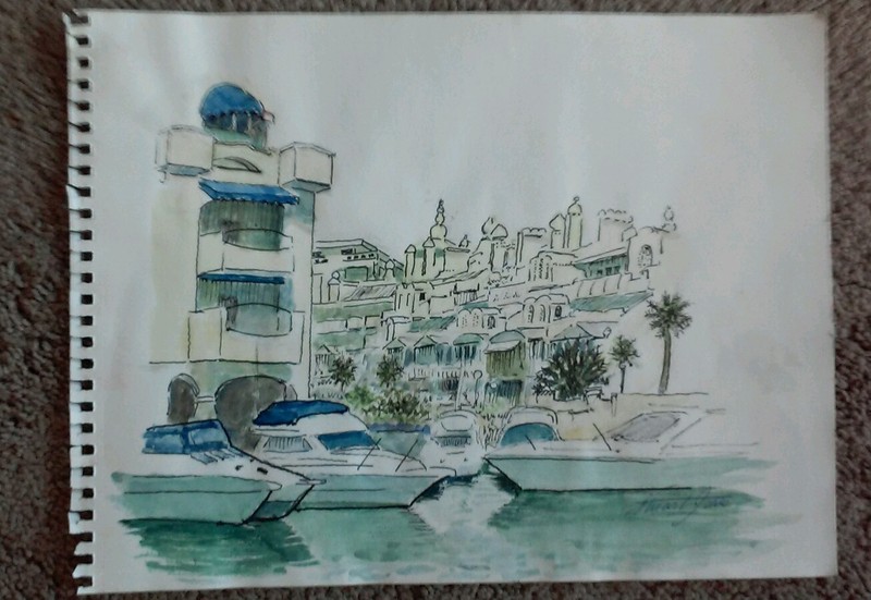 Original Watercolor w Pen & Ink Spain Spanish Inlet Riviera Stuart Jones 9×11