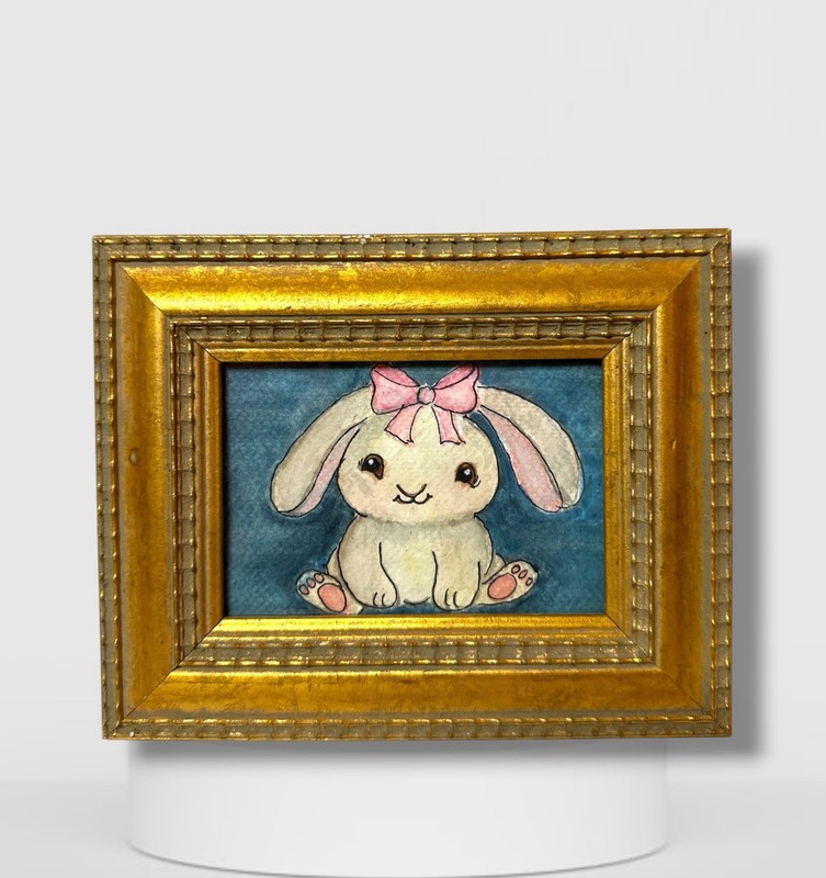 ORIGINAL FRAMED WATERCOLOR PAINTING BUNNY COQUETTE GIRL CAB6