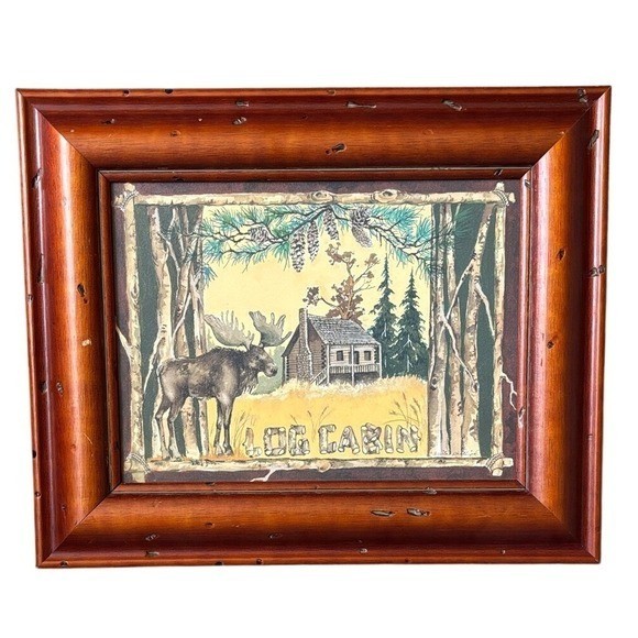 Anita Phillips: Log Cabin Moose Painting Rustic Wildlife Art Print Framed Signed