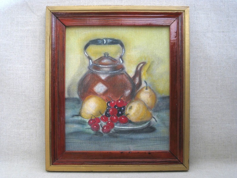 Vintage Kitchen Still Life Original Painting Framed Fruit Teapot Wall Art Rustic